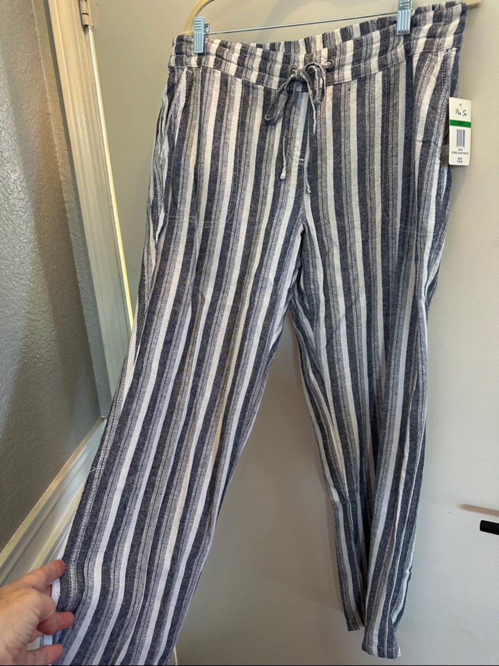 Per Se Navy and White Vertical Stripe Drawstring Pants